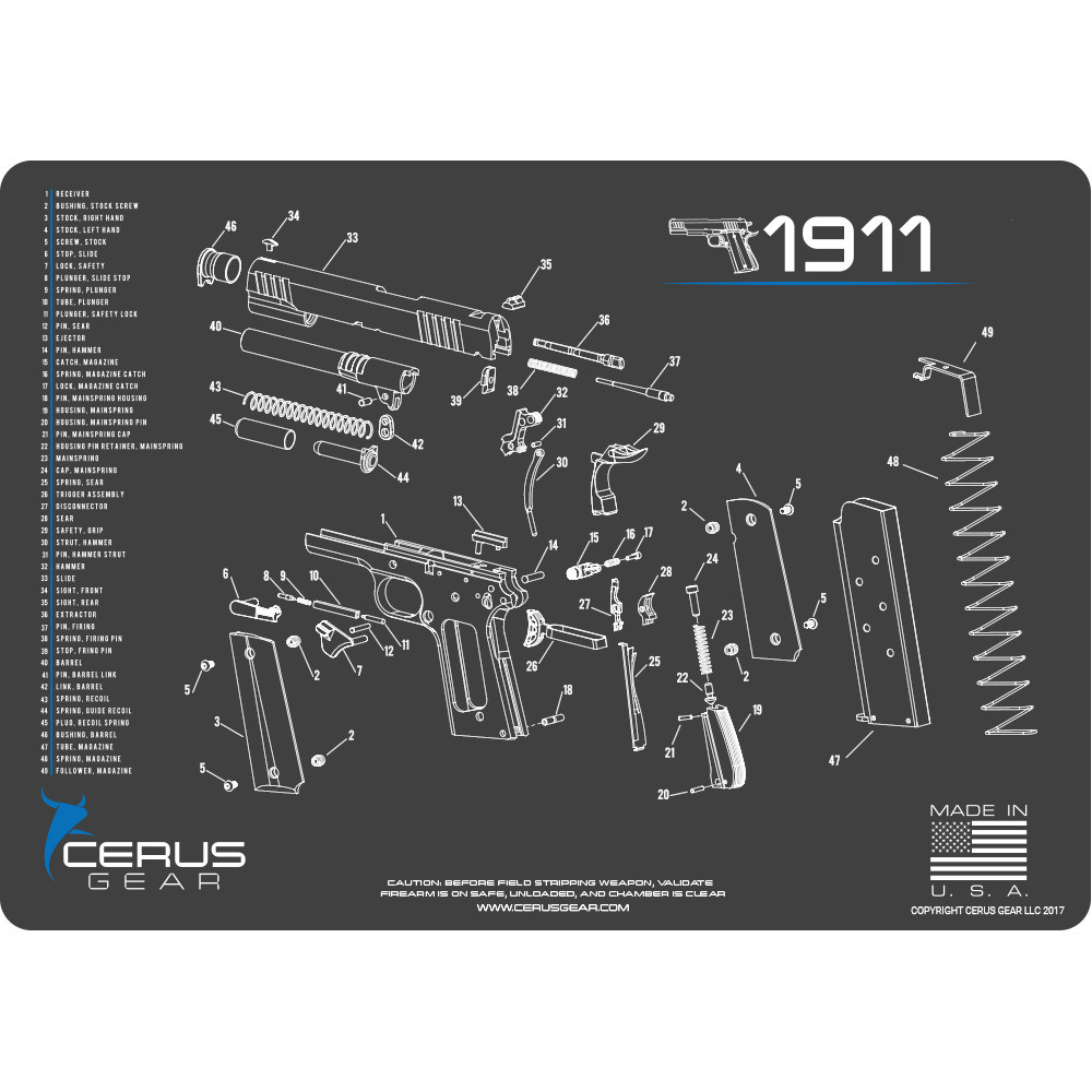 Cerus Gear CG-1911-SCH-GRY 1911 Gun Cleaning Pad SCHEMATIC - Charcoal Gray