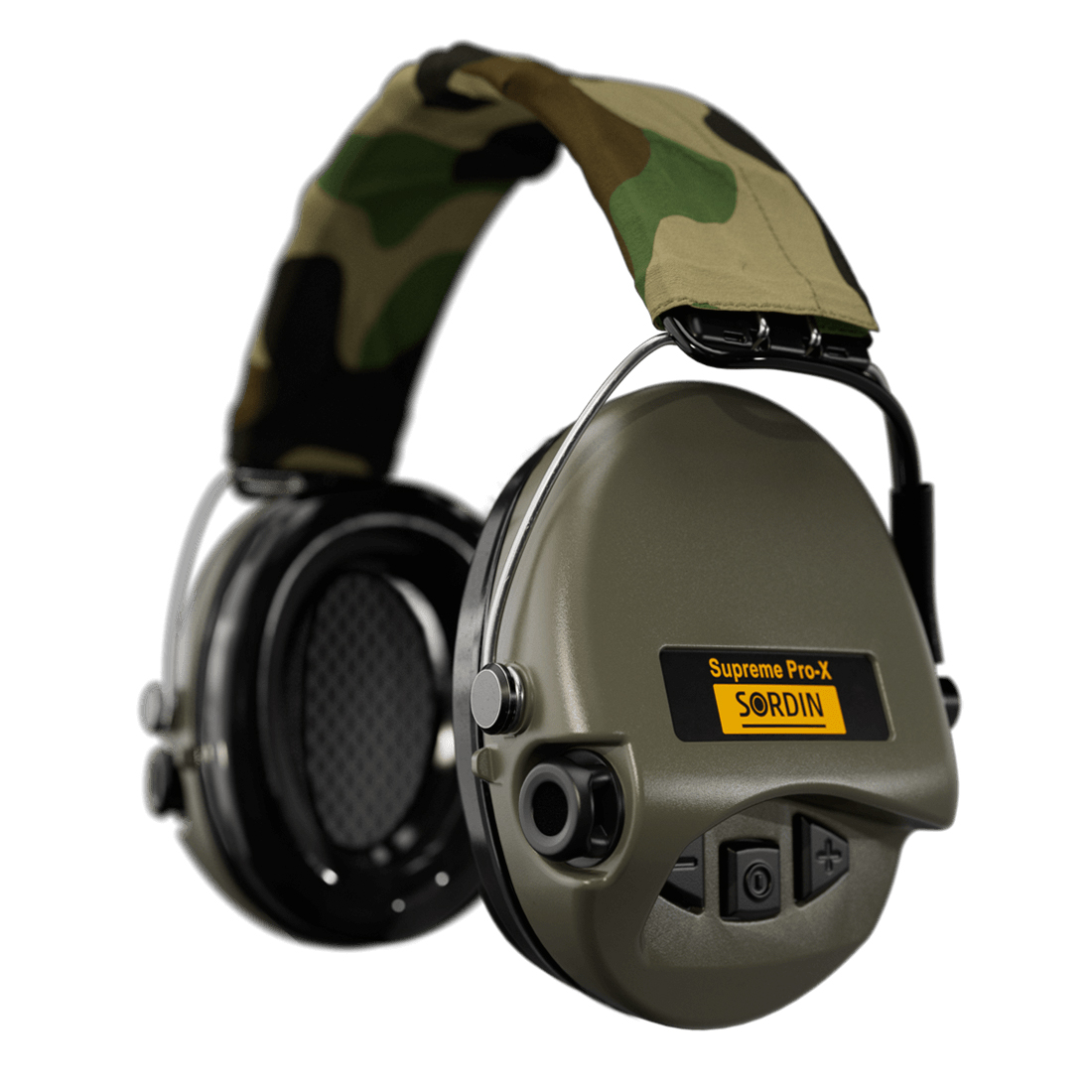 Elektronická střelecká sluchátka Sordin Supreme Pro-X - zelené mušle, camo látka, PVC náušníky